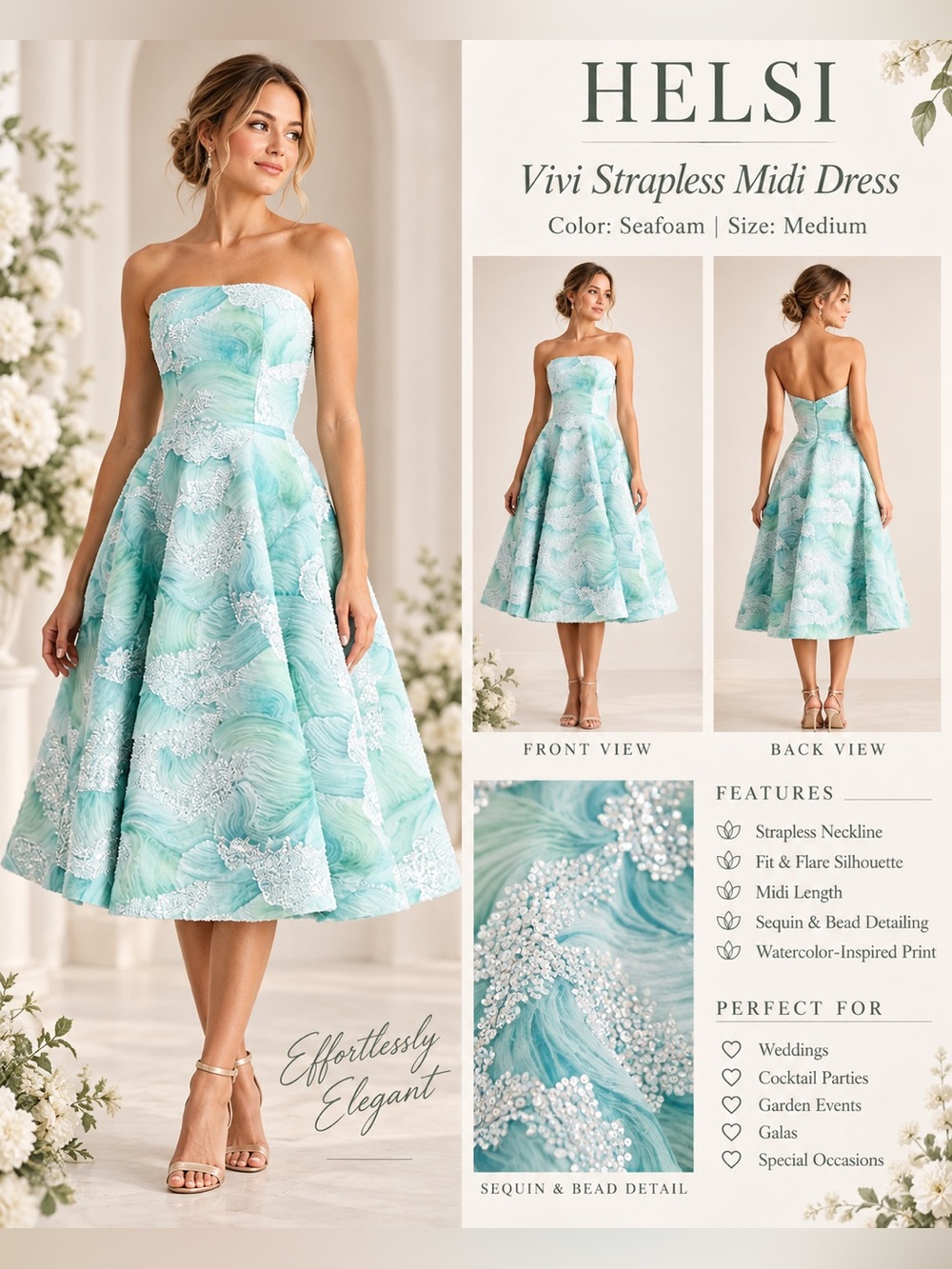HELSI Vivi Seafoam Strapless Beaded Fit & Flare Midi Dress Medium NWOT